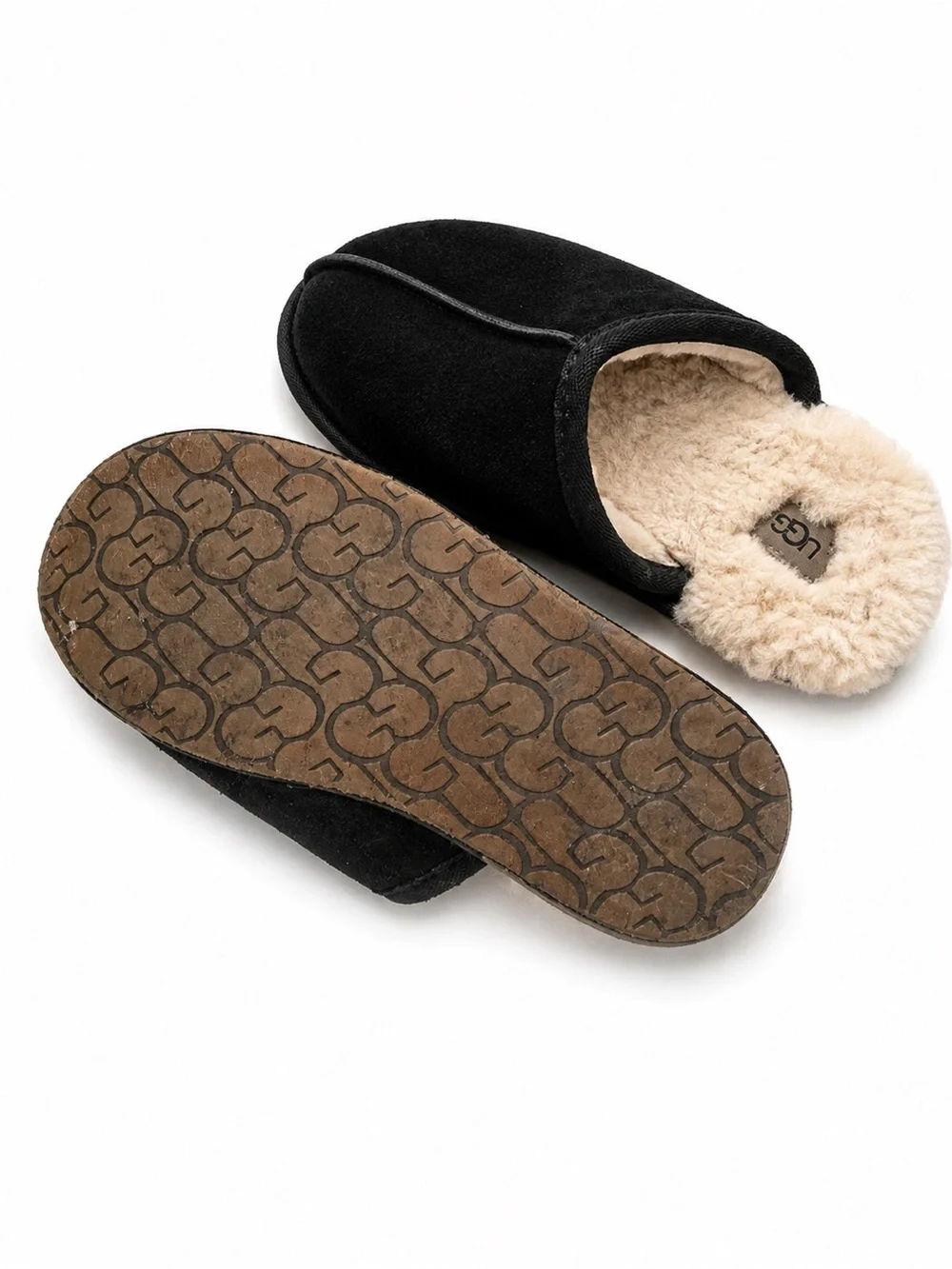 UGG Men’s Black Sheepskin Suede Scuff Slippers Size 10